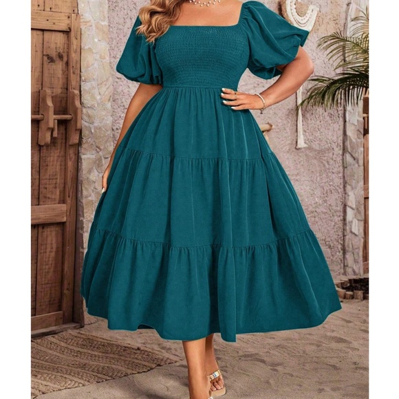 Solid Smocked Bodice Puff Sleeve Ruffle Hem Dress